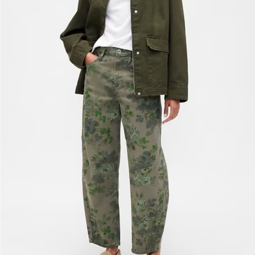 GAP Olive Green Floral Print Wide-Leg Jeans
